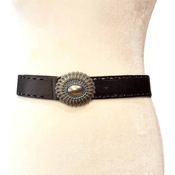 Fossil Brown Leather Belt Turquoise Concho Buckle Boho Western Fits 34-39 In main image 6